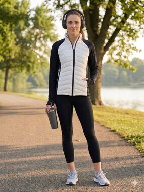 Hybrid Quilted Lightweight Jacket Black White Zip Front Athletic Layer Size L